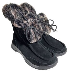 Lands End Women's Black Suede Winter Boots Size 7 B Faux Fur Trim Cold Weather